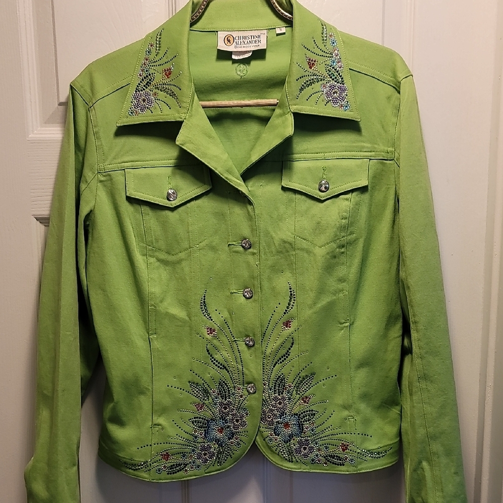 Christine Alexander Lime Green Denim Embellished Jacket Sz Small